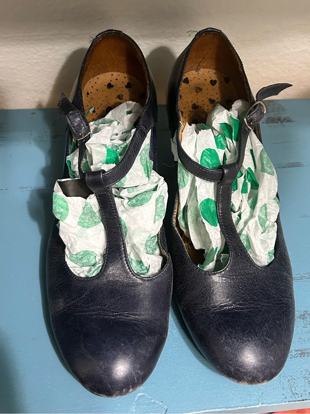 Women's handmade Navy T-Strap Leather Heels